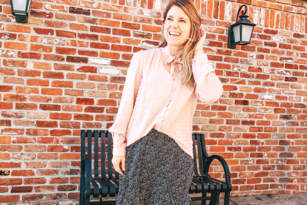 Loft Valentine's Day Outfit with pink blouse and black skirt